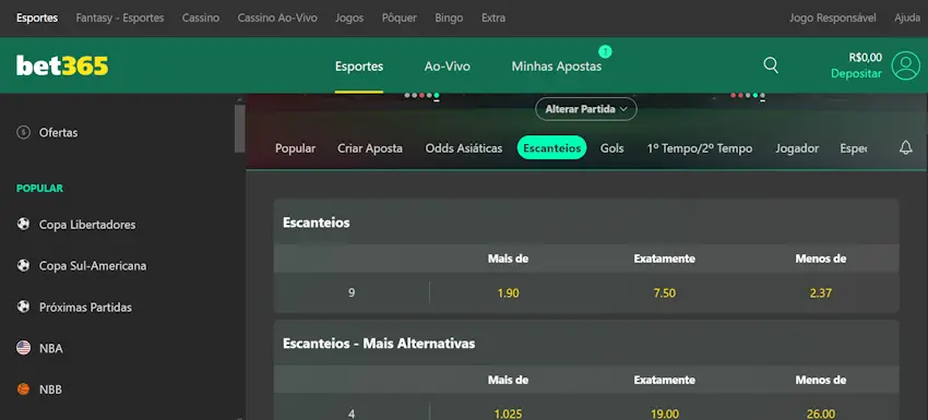 Bet365: Como criar apostas de escanteios