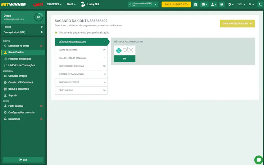 Como fazer saques usando os métodos da Betwinner 1
